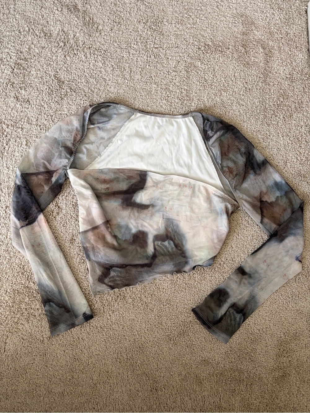 SHEIN Neutral Tie-Dye Sheer Long Sleeve Crop Top